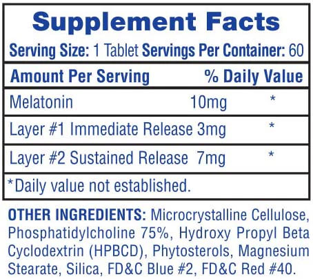 Hi Tech Melatonin Sleeping Aid Dietary Supplement Facts. No artificial Sweeteners or Artificial Flavors